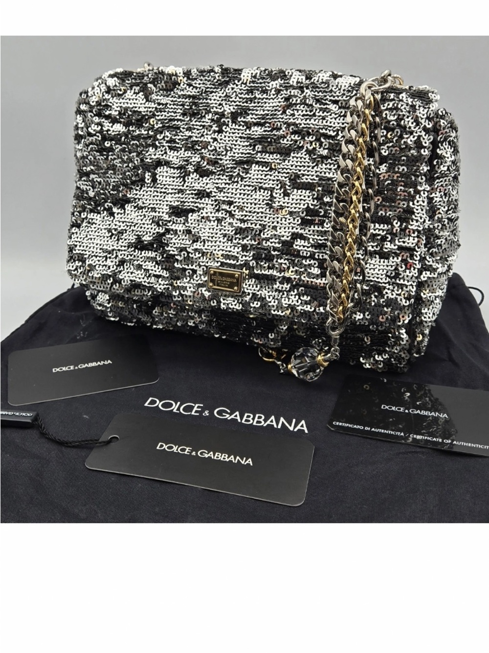 DOLCE & GABBANA Miss Charles Sequin Flap Bag Silver Shoulder Chain Pearl Strap